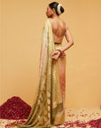 Traditional Georgette Banarasee Bandhani Saree in Green and Dusty Orange