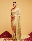 Traditional Georgette Banarasee Bandhani Saree in Green and Dusty Orange