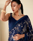 Blush Pink Printed Saree with Elegant Blouse - Blue