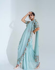 Mint Green Ruffle Drape Skirt Set with Crop Top and Dupatta - Georgette