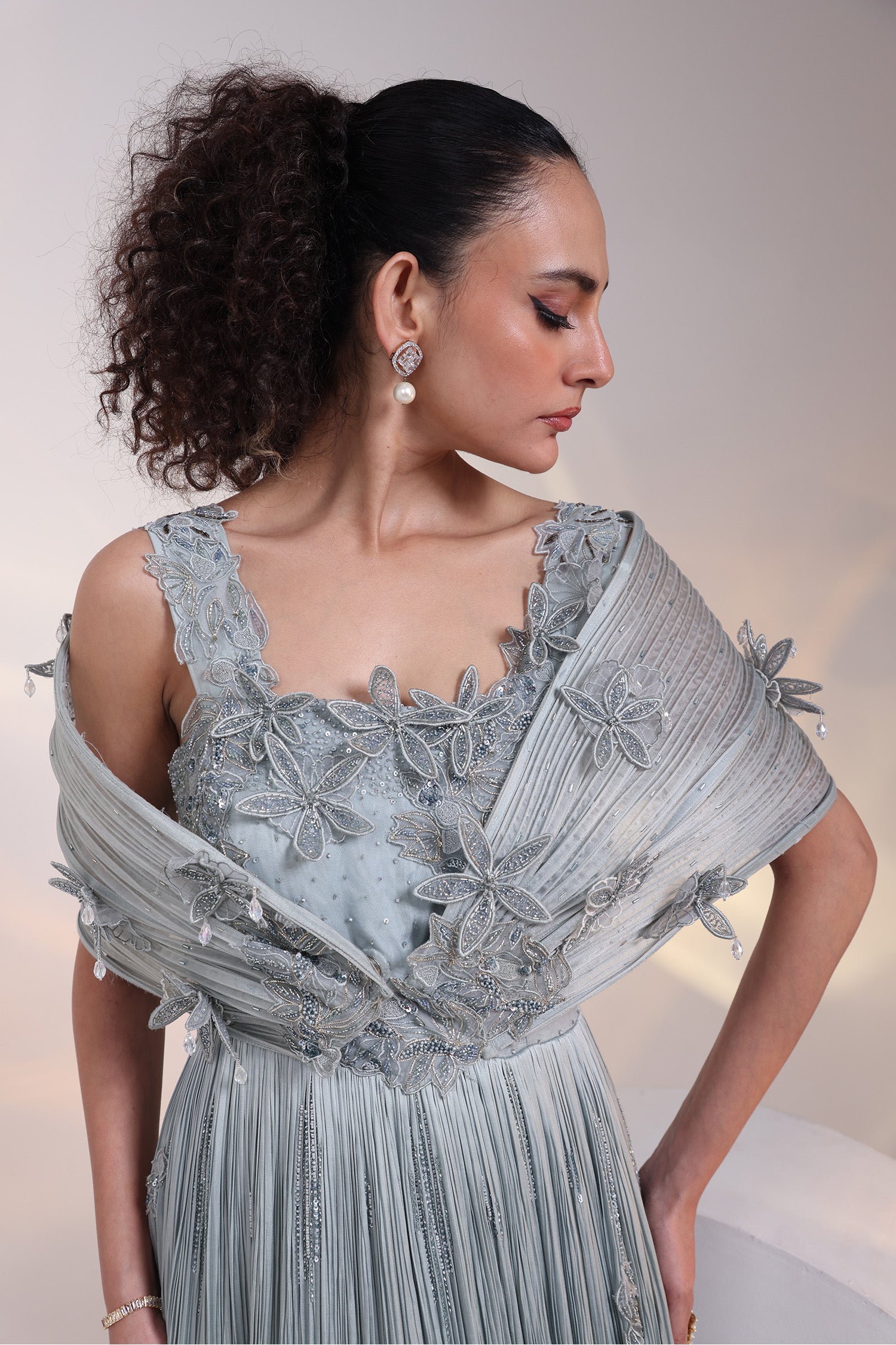 Grey Petal Embroidered Gown