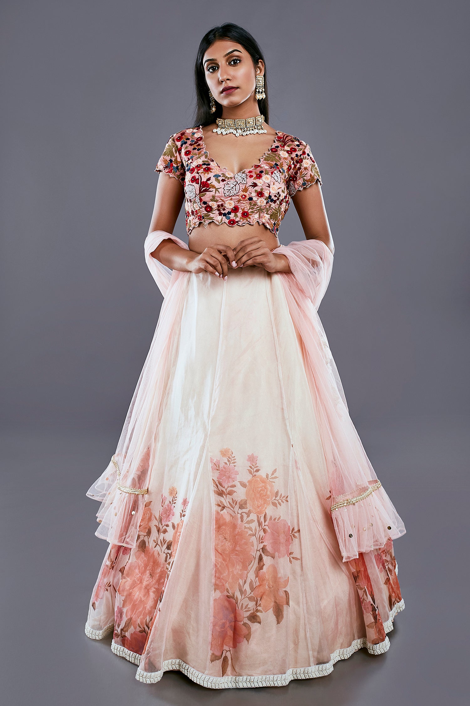 Floral Embroidered  Blouse With Printed Lehenga