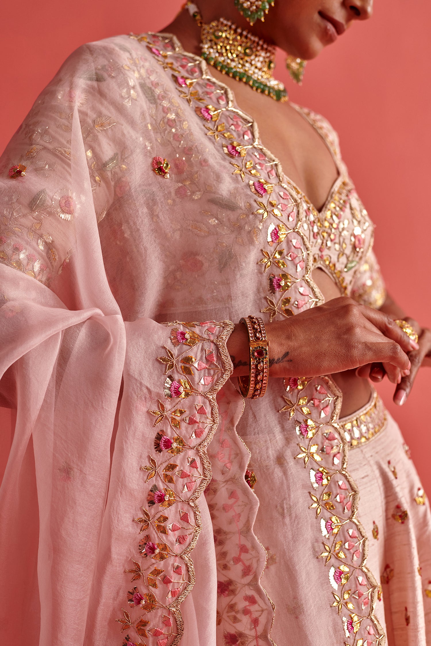 Powdered Pink Lehenga Set With Organza Dupatta
