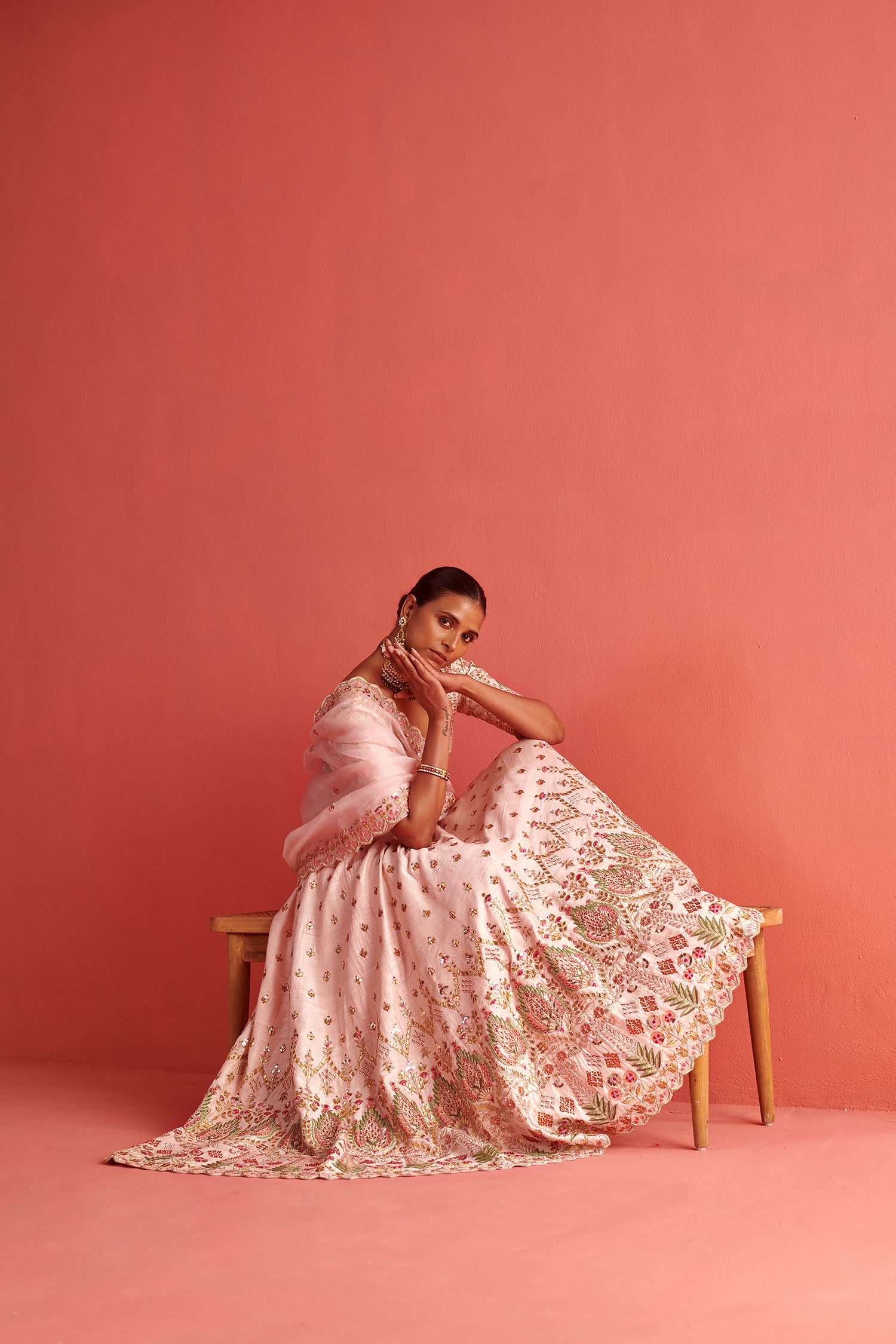 Powdered Pink Lehenga Set With Organza Dupatta