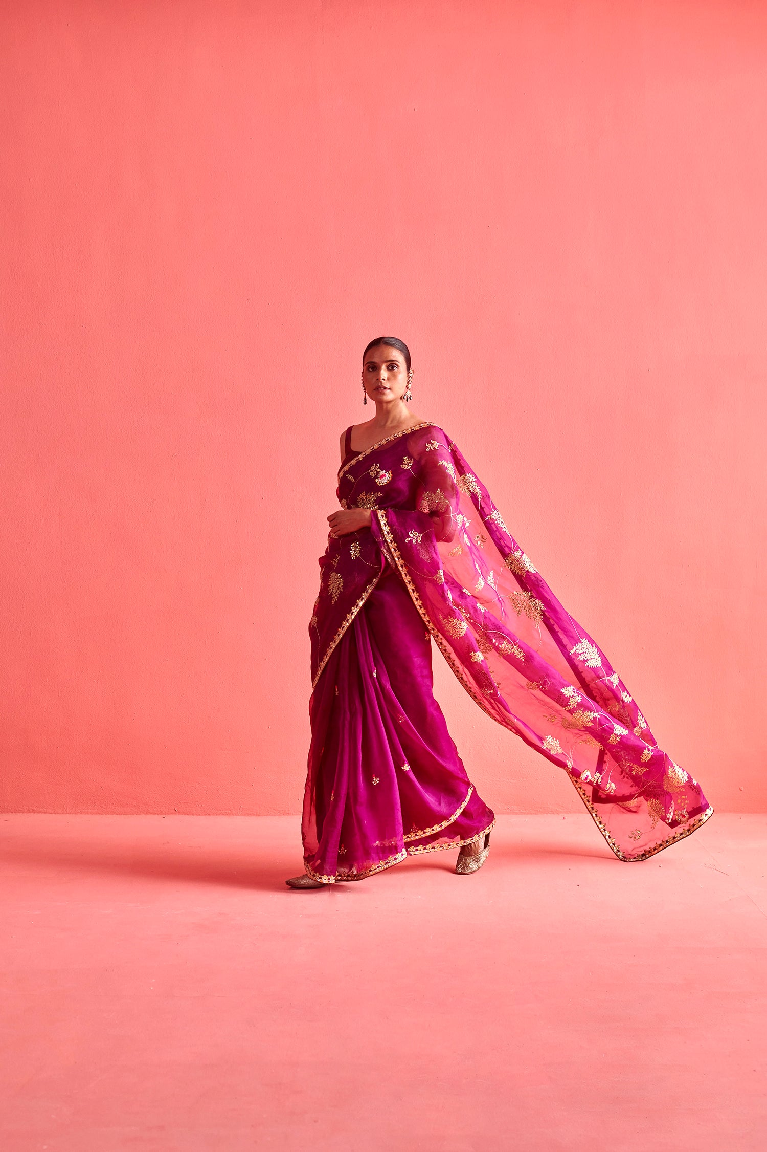 Magenta Hand Embrodiered Saree With Mashru Silk Blouse