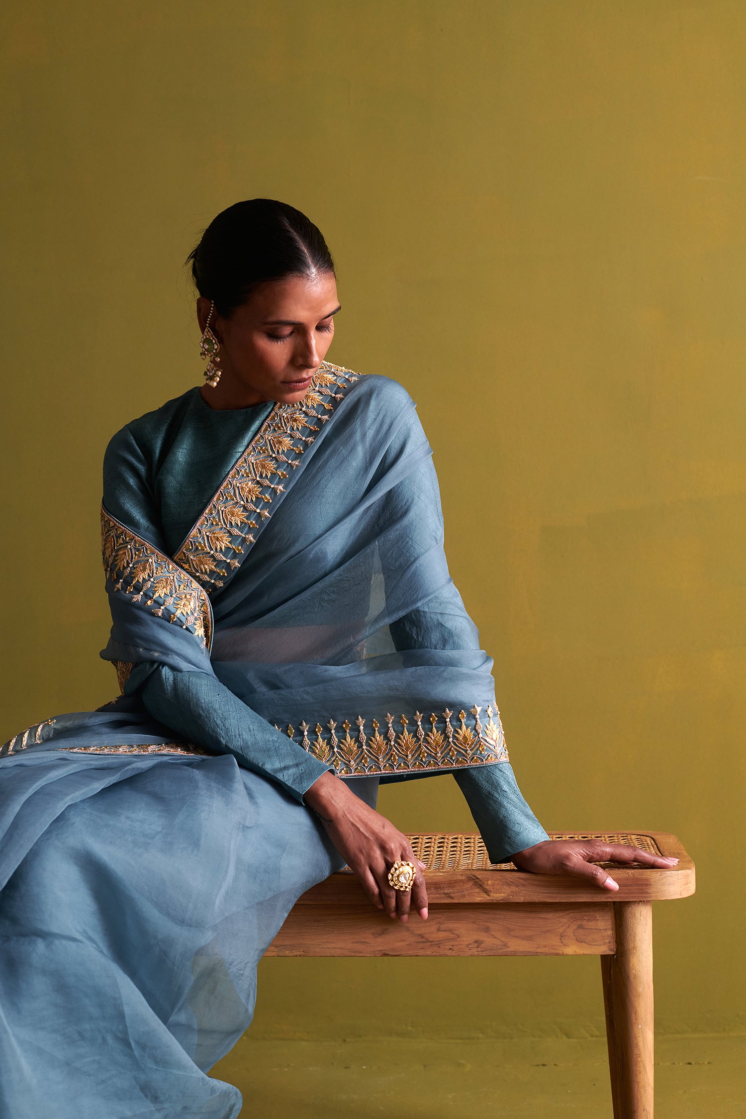Marine Blue Hand Embrodiered Saree With Raw Silk Blouse