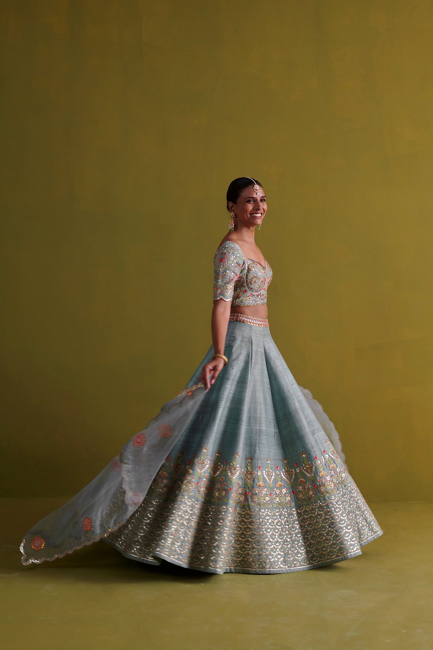 Marine Blue Lehenga Set With Organza Dupatta