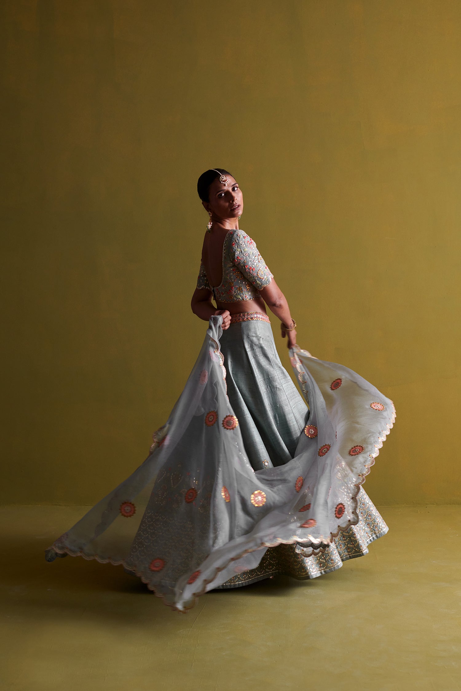 Marine Blue Lehenga Set With Organza Dupatta