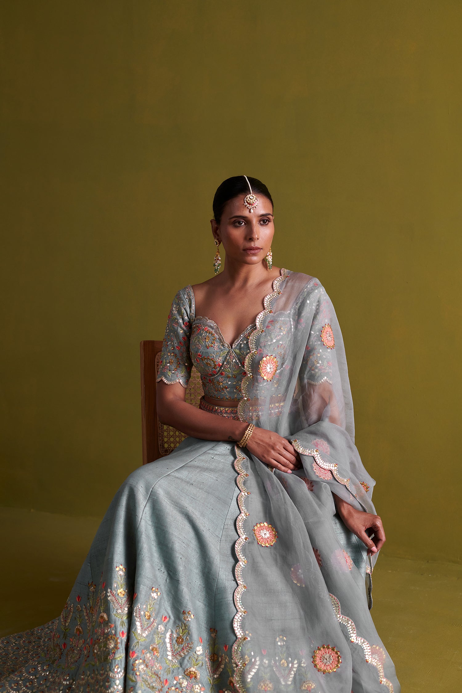Marine Blue Lehenga Set With Organza Dupatta
