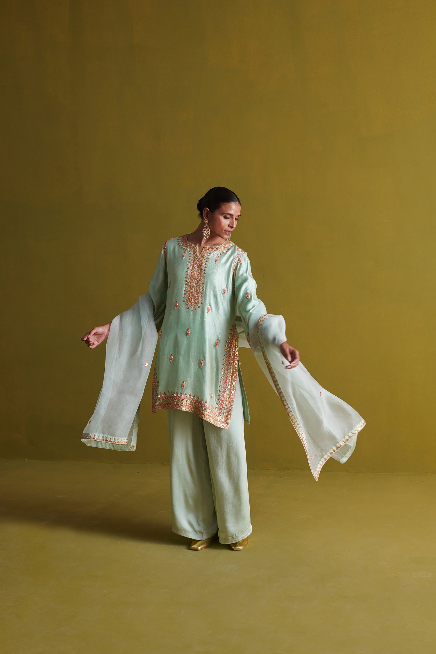 Kora Silk Kurti, Bamberg Satin Pallazo With Organza Dupatta