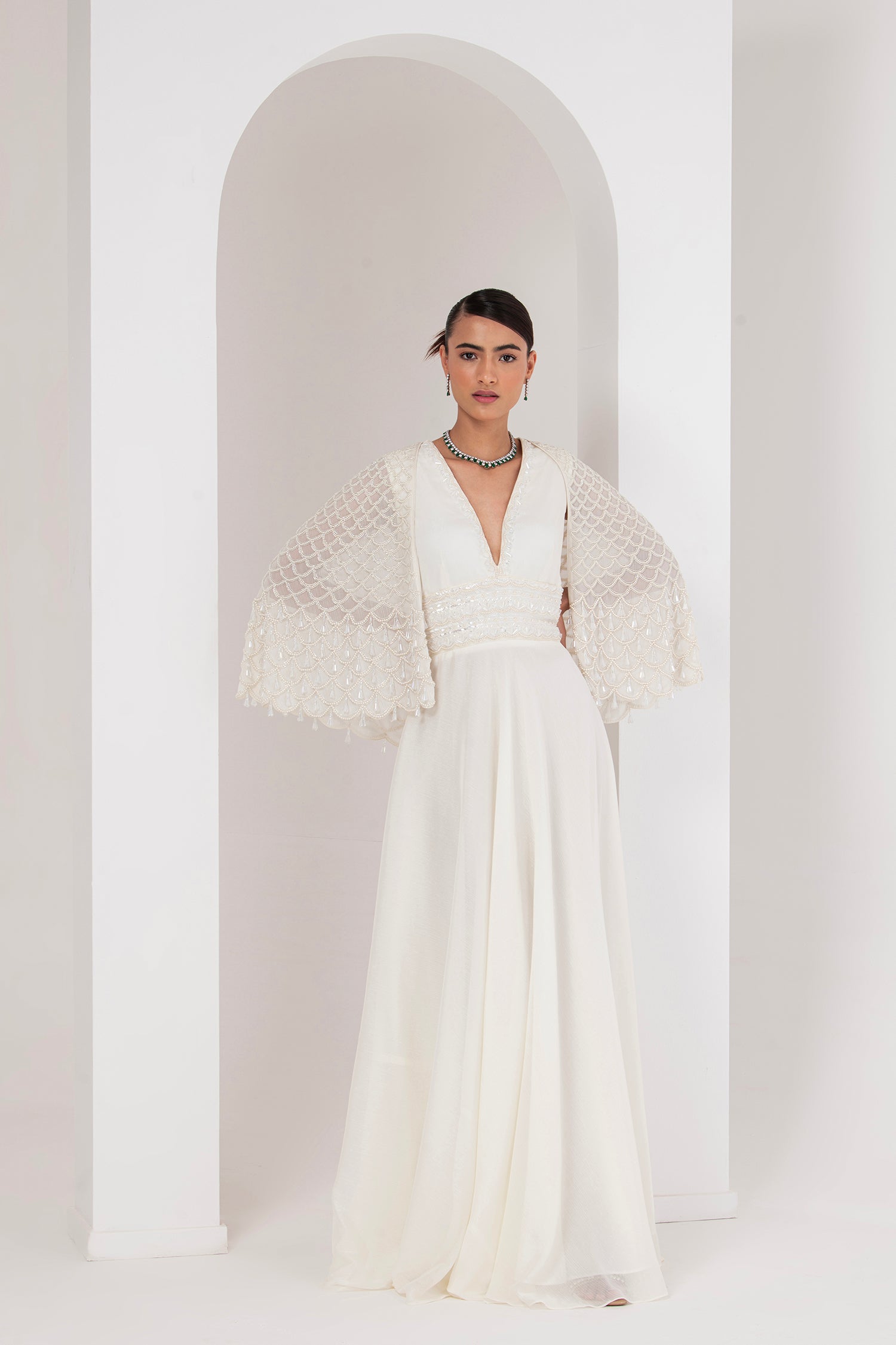 Ivory dress with embellished cape – Fashefy