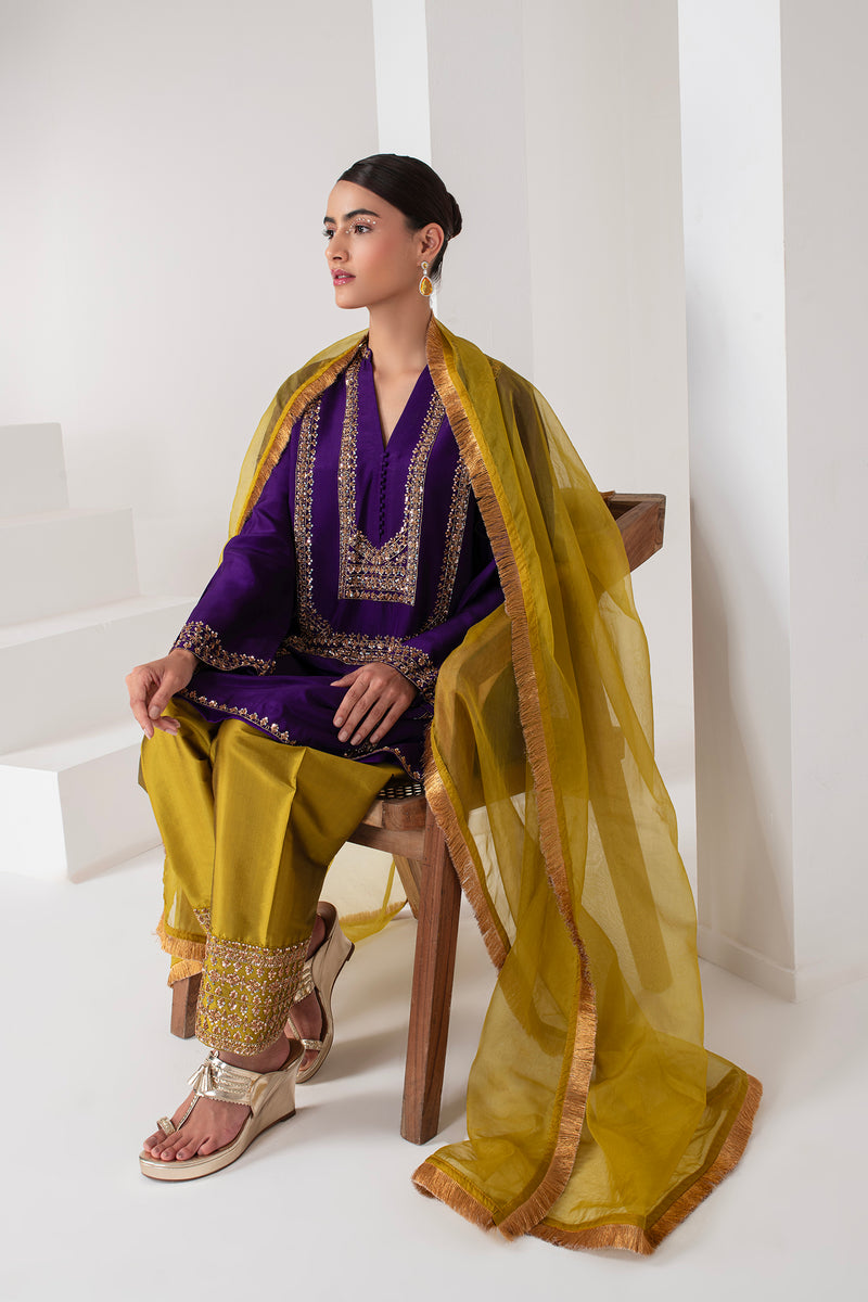 Purple & olive green contrast Pakistani suit – Fashefy