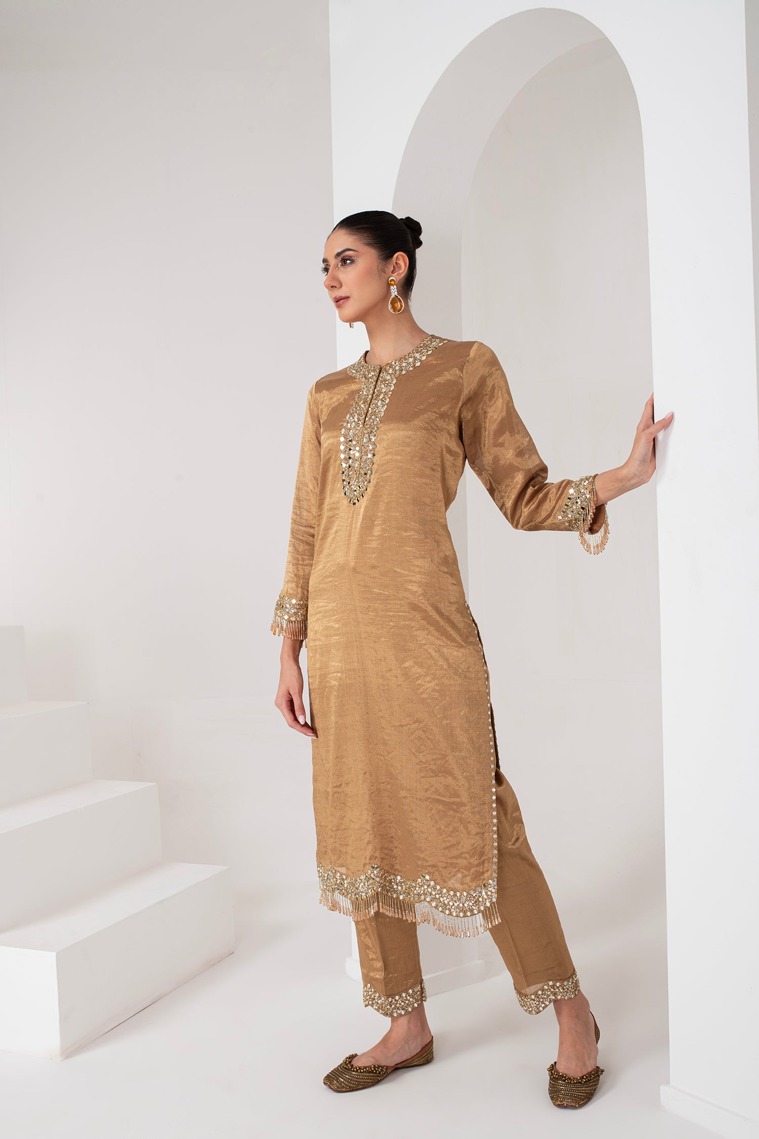Gold tissue Pakistani suit set  Fashefy