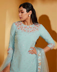 Teal Overlapping Angrakha Anarkali with Banarasee Bandhani Dupatta