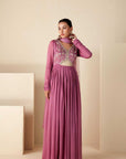 Teal Overlapping Angrakha Anarkali with Elephant Tassels and Banarasee Bandhani Dupatta - Georgette Crepe