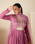 Teal Overlapping Angrakha Anarkali with Elephant Tassels and Banarasee Bandhani Dupatta - Georgette Crepe