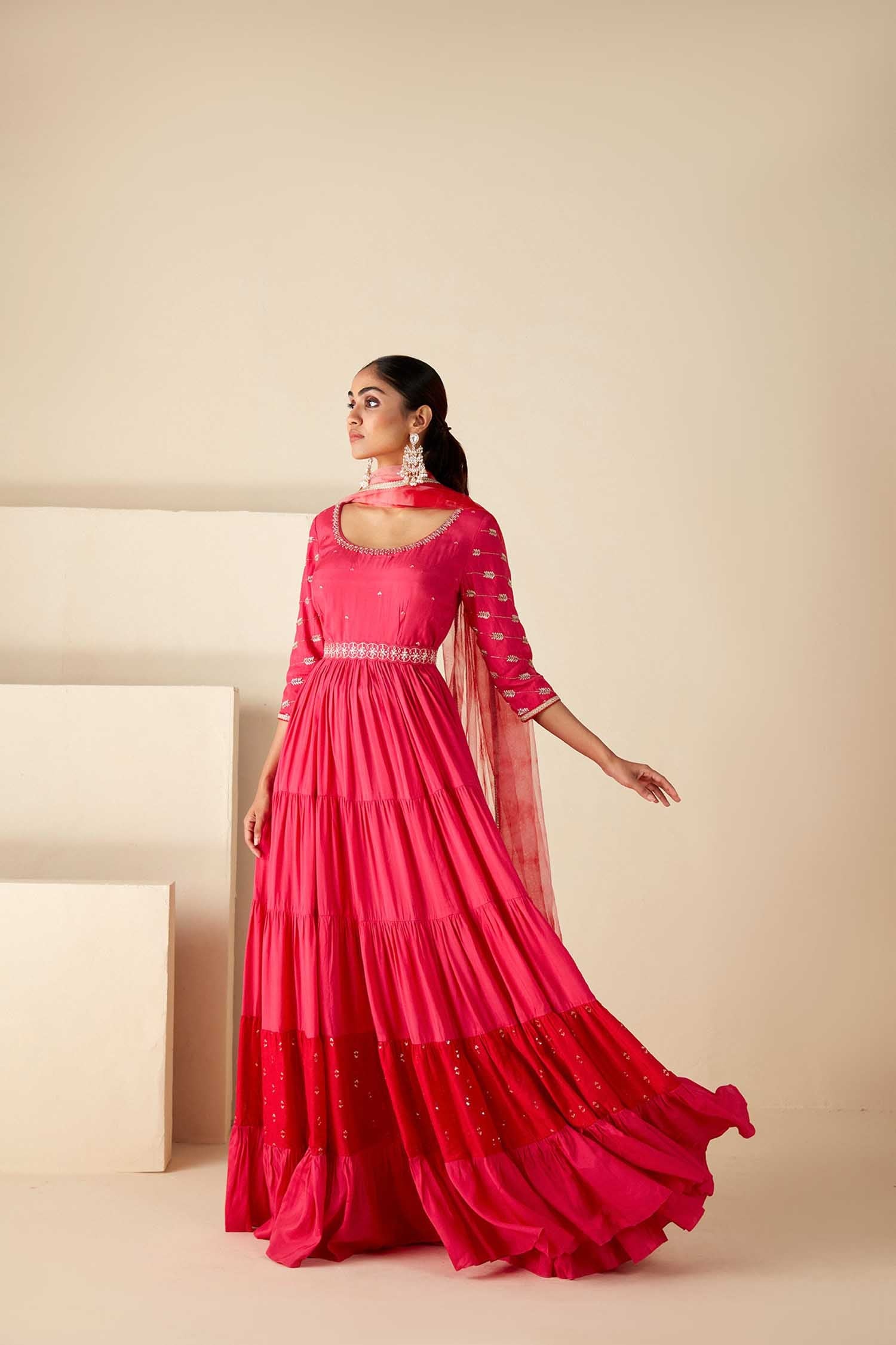 Teal Angrakha Anarkali with Dori Tassels and Banarasee Bandhani Dupatta