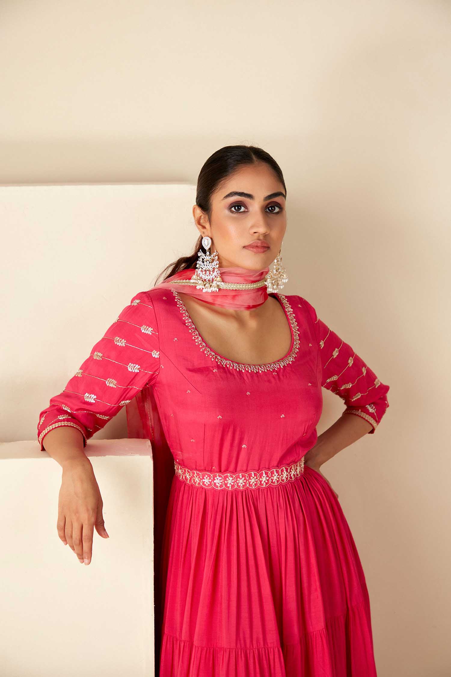 Teal Angrakha Anarkali with Dori Tassels and Banarasee Bandhani Dupatta