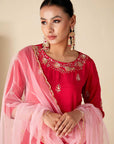 Hand Embroidered Anarkali with Elephant Arch Sleeves and Bandhani Dupatta