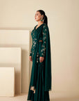 Intricately Sequin Embroidered Green Anarkali with Ombre Pleated Flare