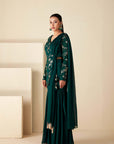 Intricately Sequin Embroidered Green Anarkali with Ombre Pleated Flare