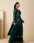 Intricately Sequin Embroidered Green Anarkali with Ombre Pleated Flare