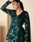 Intricately Sequin Embroidered Green Anarkali with Ombre Pleated Flare