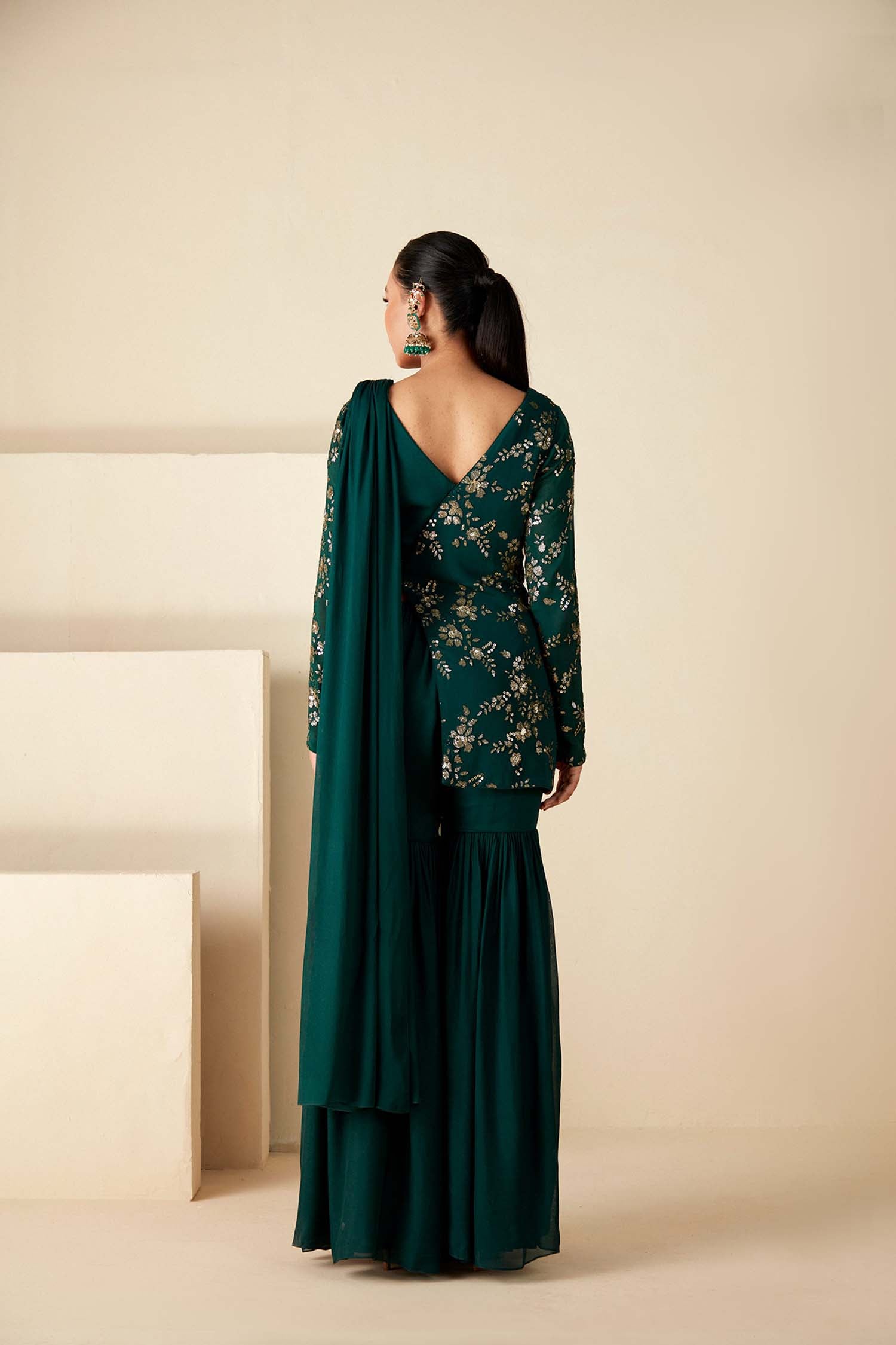 Intricately Sequin Embroidered Green Anarkali with Ombre Pleated Flare
