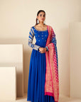Teal Overlapping Angrakha Anarkali with Dori Tassels and Banarasee Bandhani Dupatta