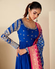 Teal Overlapping Angrakha Anarkali with Dori Tassels and Banarasee Bandhani Dupatta