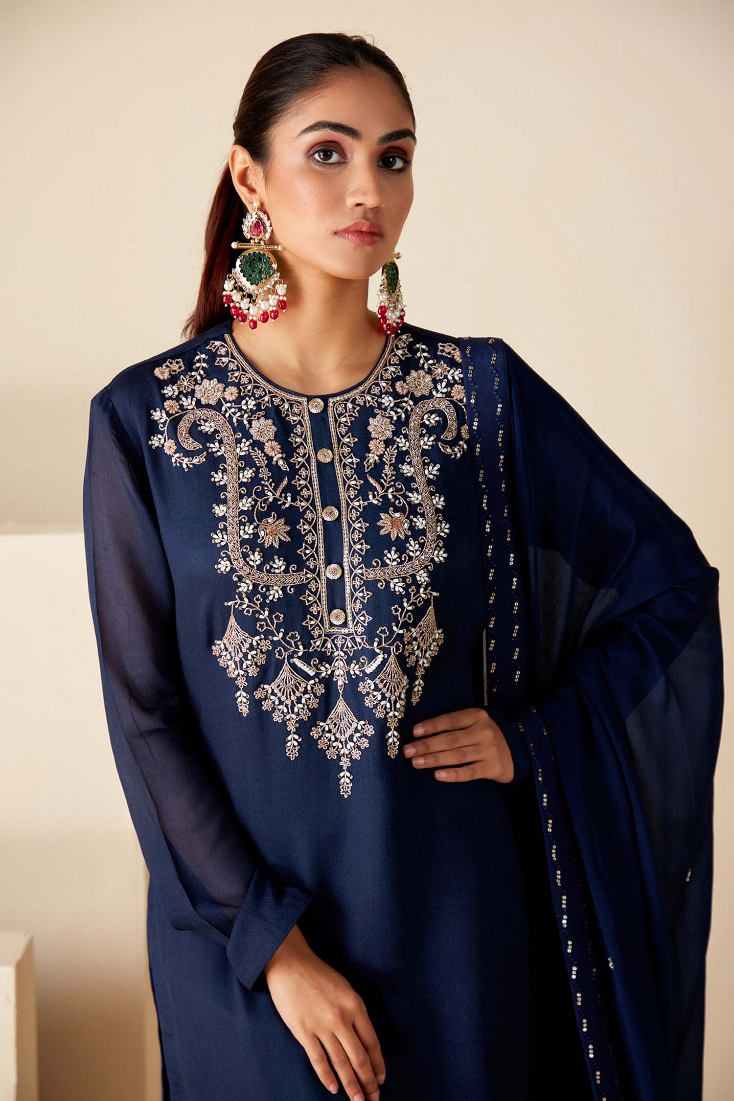 Intricately Sequin Embroidered Green Anarkali with Ombre Pleated Flare