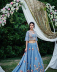 Maroon One-Shoulder Lehenga with Feather and Mirror Work Details