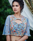 Maroon One-Shoulder Lehenga with Feather and Mirror Work Details
