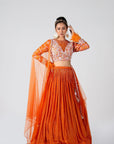 One Shoulder Crop Top and Pleated Skirt Lehenga in Georgette Crepe