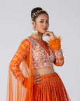 One Shoulder Crop Top and Pleated Skirt Lehenga in Georgette Crepe