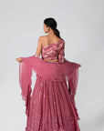 Maroon Zardosi Handwork Crop Top and Pleated Skirt Lehenga Set