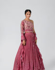 Maroon Zardosi Handwork Crop Top and Pleated Skirt Lehenga Set