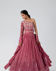 Maroon Zardosi Handwork Crop Top and Pleated Skirt Lehenga Set