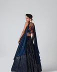 Maroon One-Shoulder Crop Top Lehenga with Feather and Mirror Handwork