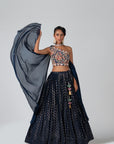 Maroon One-Shoulder Crop Top Lehenga with Feather and Mirror Handwork