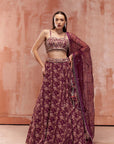 Maroon One Shoulder Crop Top and Skirt Lehenga with Zardosi and Mirror Work