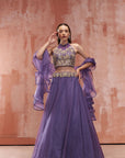 Maroon Georgette Crepe Crop Top and Skirt Lehenga with Zardosi and Mirror Work