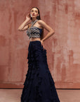 One-Shoulder Maroon Crop Top & Pleated Skirt Lehenga with Mirror and Zardosi Handwork
