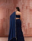 Maroon Crop Top and Skirt Lehenga with One Shoulder Feathered Top and Mirror Work