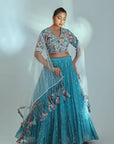 Hand Tie Dye Lehenga Set with Pink Bud Work Blouse