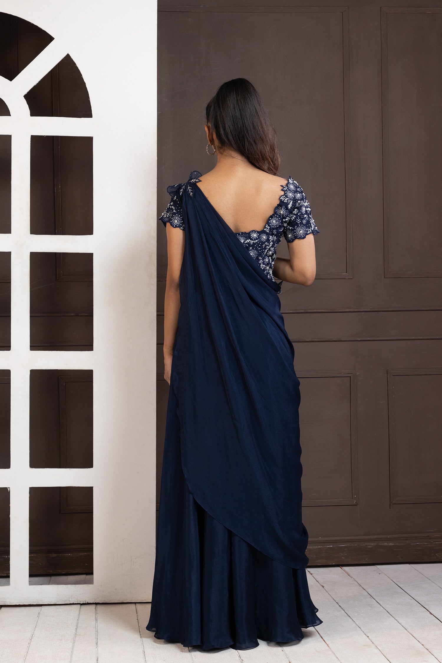 Navy Blue Blossom Drape Pant Set