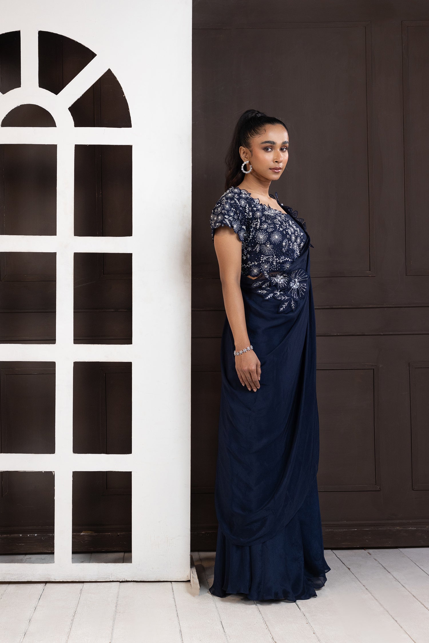 Navy Blue Blossom Drape Pant Set