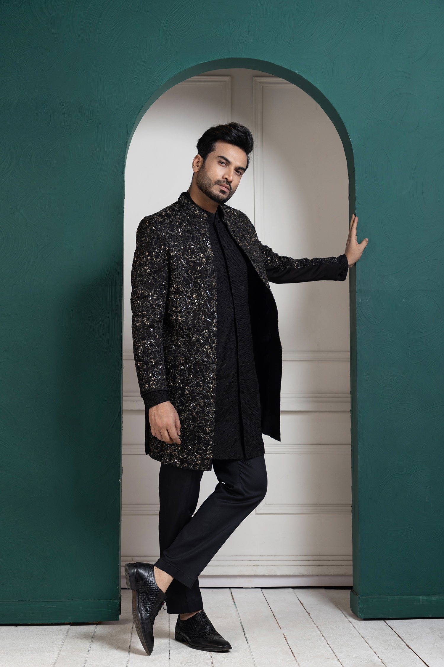 Midnight Black Embroidered Achkan