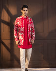 Crimson Palm Grove Embroidered Nehru and Kurta Set