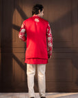 Crimson Palm Grove Embroidered Nehru and Kurta Set